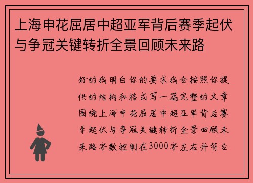 上海申花屈居中超亚军背后赛季起伏与争冠关键转折全景回顾未来路 上海申花屈居中超亚军背后赛季起伏与争冠关键转折全景回顾未来路