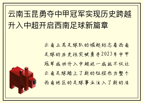 云南玉昆勇夺中甲冠军实现历史跨越升入中超开启西南足球新篇章 云南玉昆勇夺中甲冠军实现历史跨越升入中超开启西南足球新篇章