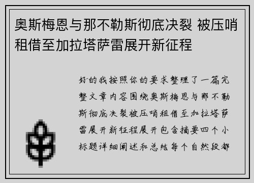 奥斯梅恩与那不勒斯彻底决裂 被压哨租借至加拉塔萨雷展开新征程 奥斯梅恩与那不勒斯彻底决裂 被压哨租借至加拉塔萨雷展开新征程