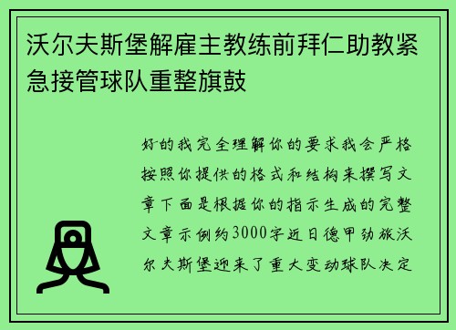 沃尔夫斯堡解雇主教练前拜仁助教紧急接管球队重整旗鼓